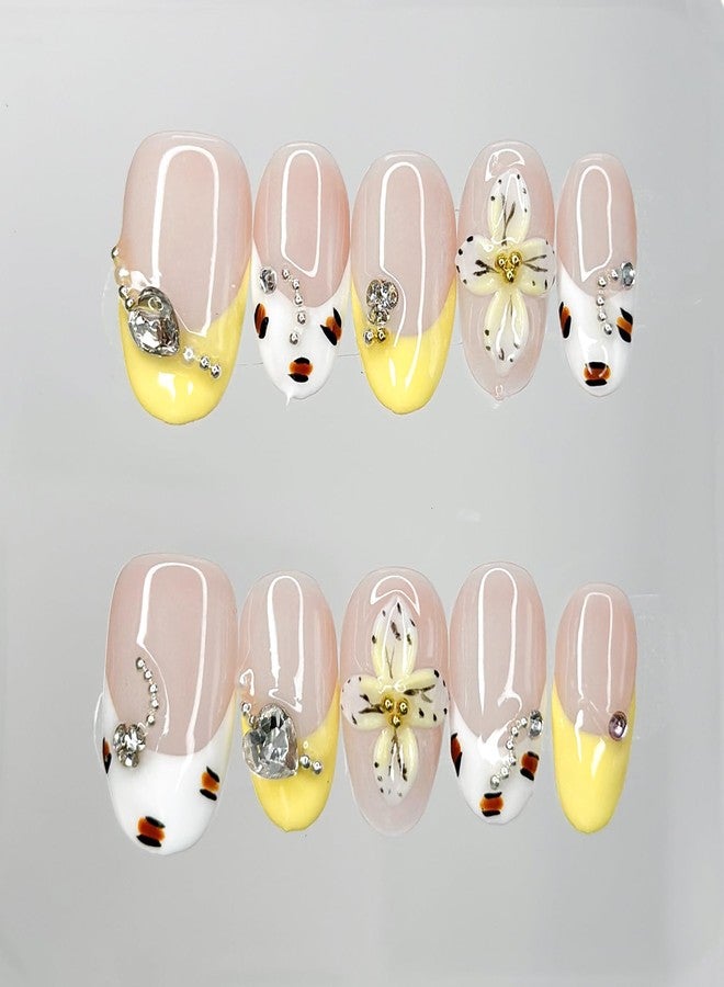 OFDNE Luxury Press on Nails Medium Almond Handmade 3D Unique Reusable ABS Material Fake Nails French Tip False Nails with Designs Rhinestones Floral Art Petal Glossy Glue on Nails Thick Acrylic Nails(M) - Image 1