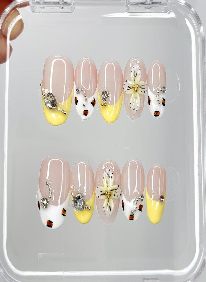 OFDNE Luxury Press on Nails Medium Almond Handmade 3D Unique Reusable ABS Material Fake Nails French Tip False Nails with Designs Rhinestones Floral Art Petal Glossy Glue on Nails Thick Acrylic Nails(M) - Image 3
