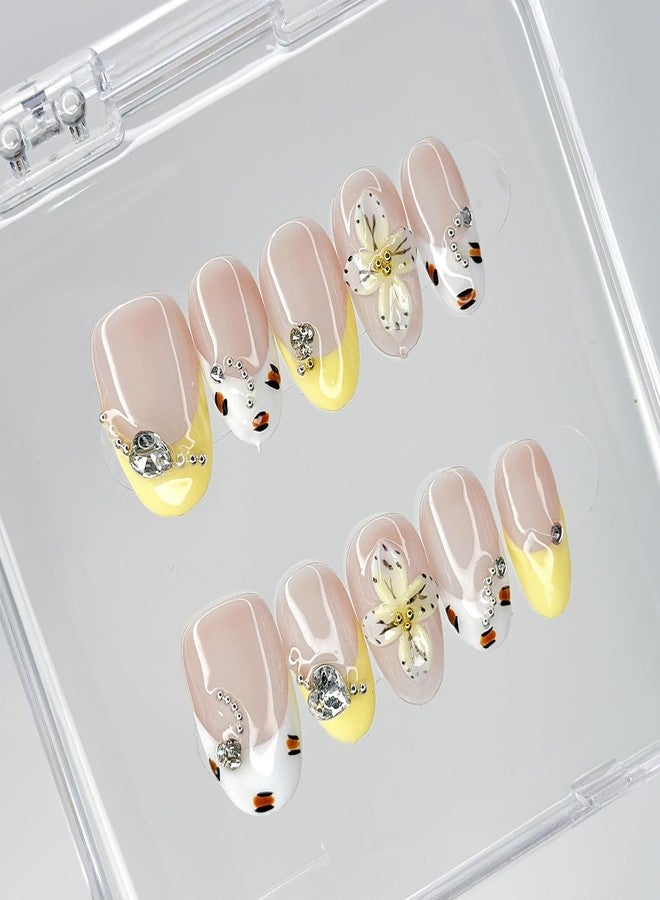 OFDNE Luxury Press on Nails Medium Almond Handmade 3D Unique Reusable ABS Material Fake Nails French Tip False Nails with Designs Rhinestones Floral Art Petal Glossy Glue on Nails Thick Acrylic Nails(M) - Image 2