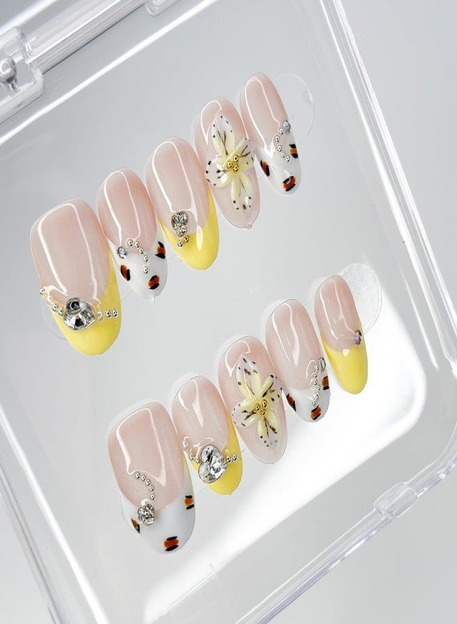 OFDNE Luxury Press on Nails Medium Almond Handmade 3D Unique Reusable ABS Material Fake Nails French Tip False Nails with Designs Rhinestones Floral Art Petal Glossy Glue on Nails Thick Acrylic Nails(M) - Image 5