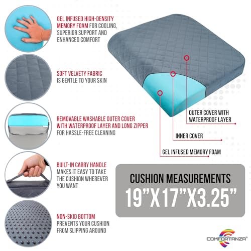 COMFORTANZA Large 19"x17"x3.25" Medium-Firm Memory Foam Seat Cushion with Cooling Effect, Washable Cover and Non-Slip Base for Office Chairs, Wheelchairs, Recliners, Cars - Back Pain Relief - Gray - Image 3