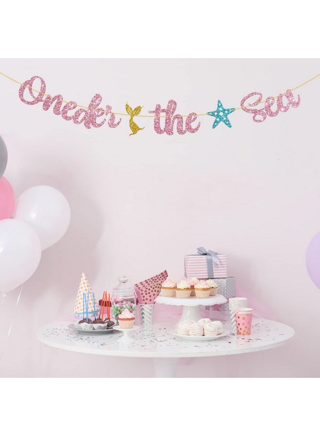 WeBenison Oneder the Sea Banner/Mermaid Theme 1st Birthday Banner/Baby Shower/Baby Girl 1st Birthday Party Decoration Supplies Pink Glitter - Image 4