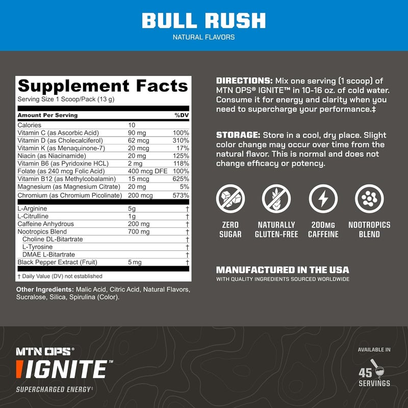 MTN OPS Ignite Energy Drink Powder Gluten Free Nootropic Supplement Drink Mix L Arginine L Citrulline Caffeine  Nootropic Sugar Free Drink Mix 45 Servings Bull Rush - Image 3