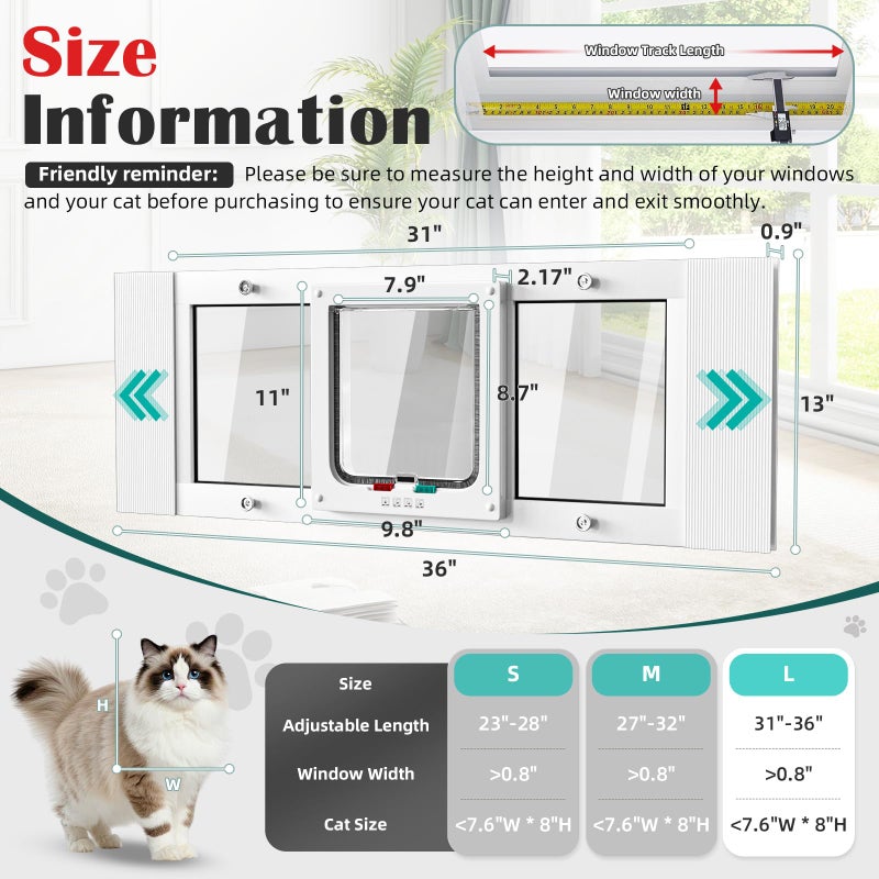 whiffee Aluminum Window Pet Door for Cats - Window Cat Door Insert Horizontal, Adjustable to Fit Window Width 31" to 36", Weatherproof Cat Window Door with 4 Locking Modes, Magnetic Closure, No-Drill - Image 2