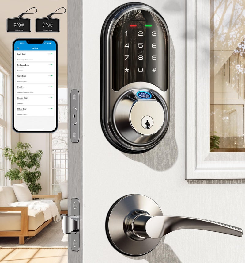 Veise RZ07B Smart Locks for Front Door, 2 Lever Handles, Fingerprint Keyless Entry, App Control Biometric Door Lock Set, Touchscreen Keypad Deadbolt, Easy Install, Auto Locking, Satin Nickel - Image 1