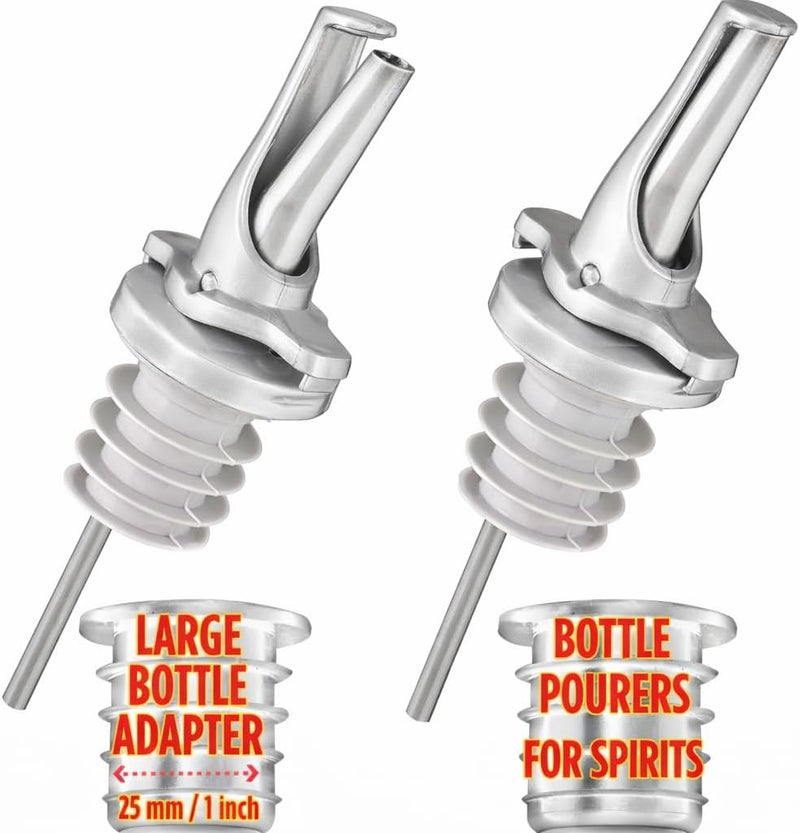 Poura 3-in-1 Liquor Bottle Pour Spouts with Built-in Fruit Fly Protection - BPA Free & Dishwasher Safe Hygienic Alcohol Pour Spouts - Also for Olive Oil - Silver 2 Pack with 2 Adapters for Large Bottles - Image 1