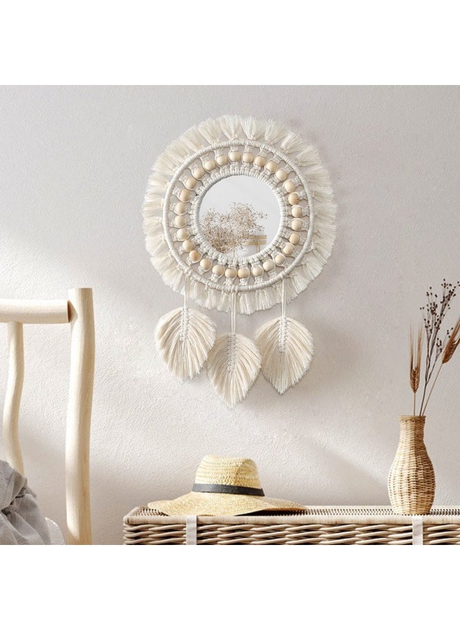 Dremisland Dremisland Hanging Wall Mirror-Boho Macrame Fringe Round Decorative Mirror with Wood Beads Feather Pendant，Art Ornament for Apartment Home Bedroom Living Room  - Image 1