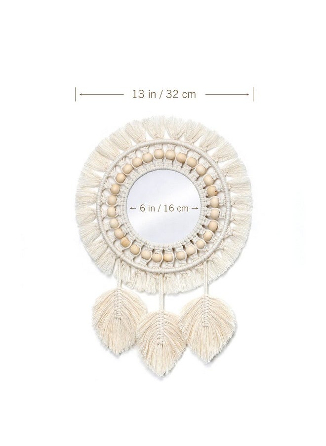Dremisland Dremisland Hanging Wall Mirror-Boho Macrame Fringe Round Decorative Mirror with Wood Beads Feather Pendant，Art Ornament for Apartment Home Bedroom Living Room  - Image 5