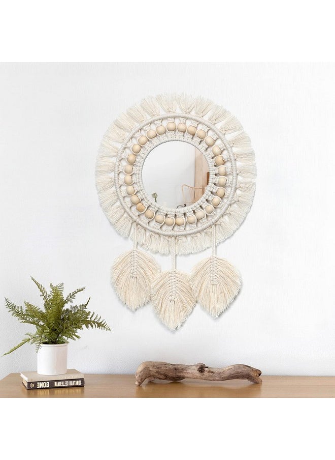 Dremisland Dremisland Hanging Wall Mirror-Boho Macrame Fringe Round Decorative Mirror with Wood Beads Feather Pendant，Art Ornament for Apartment Home Bedroom Living Room  - Image 4