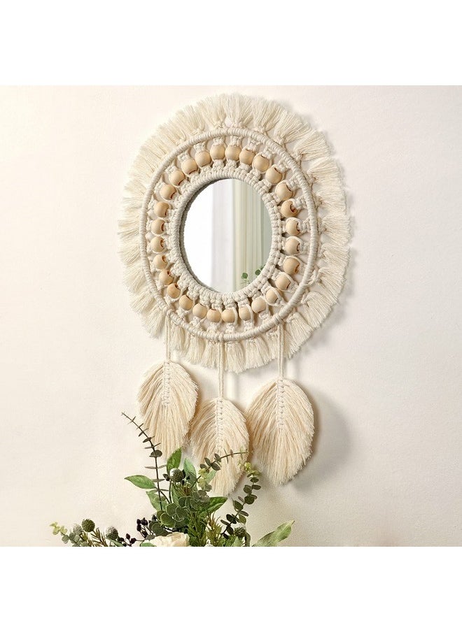 Dremisland Dremisland Hanging Wall Mirror-Boho Macrame Fringe Round Decorative Mirror with Wood Beads Feather Pendant，Art Ornament for Apartment Home Bedroom Living Room  - Image 2