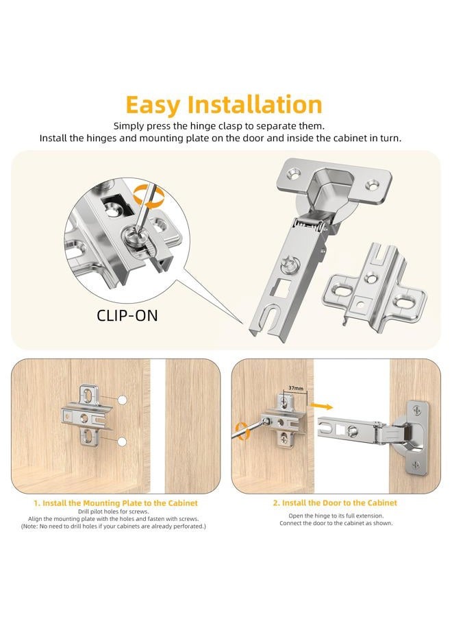 Chibery 2 Pack Full Overlay Cabinet Hinges, Regular Standard Closing, Slide-on, Self-Closing, Frameless Concealed Euro 105 Degree Compact Hinges for Kitchen, Bathroom, 3/4" Overlay, Nickel Plated - Image 4
