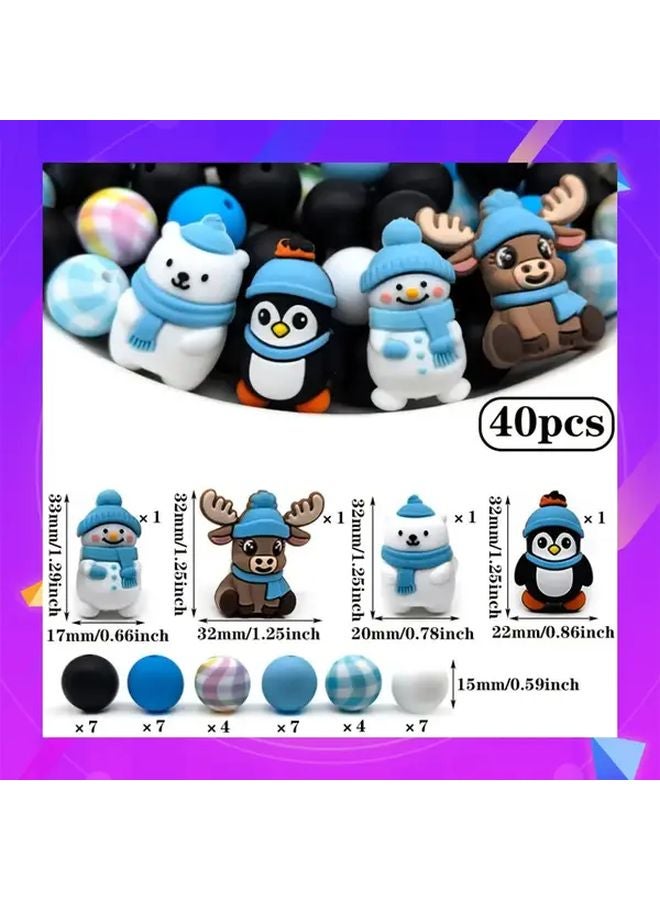 40Pcs Christmas Silicone Beads Set Penguin Snowman Designs Non Toxic For Jewelry Keychains - Image 1