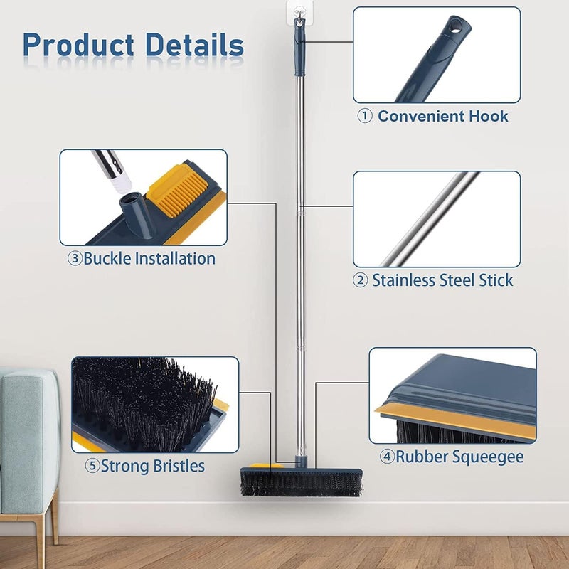 Prapatti 2 in 1 Floor Scrub Brush with Squeegee and TeetchFloor Srubber Cleaning Groud Comb Brush with Long Handle Cleaning Brushes for Deck Bathroom Tile Grout Kitchen Swimming Pool Pack of 1 - Image 4