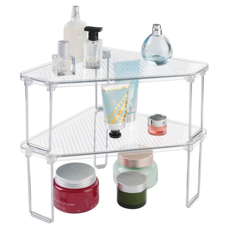 mDesign PlasticSteel Corner Stackable Rack Storage Organizer Shelf for Bathroom Vanity Countertop Sink Cabinet Holds Makeup Shower Accessories Ligne Collection  2 Pack  Clear