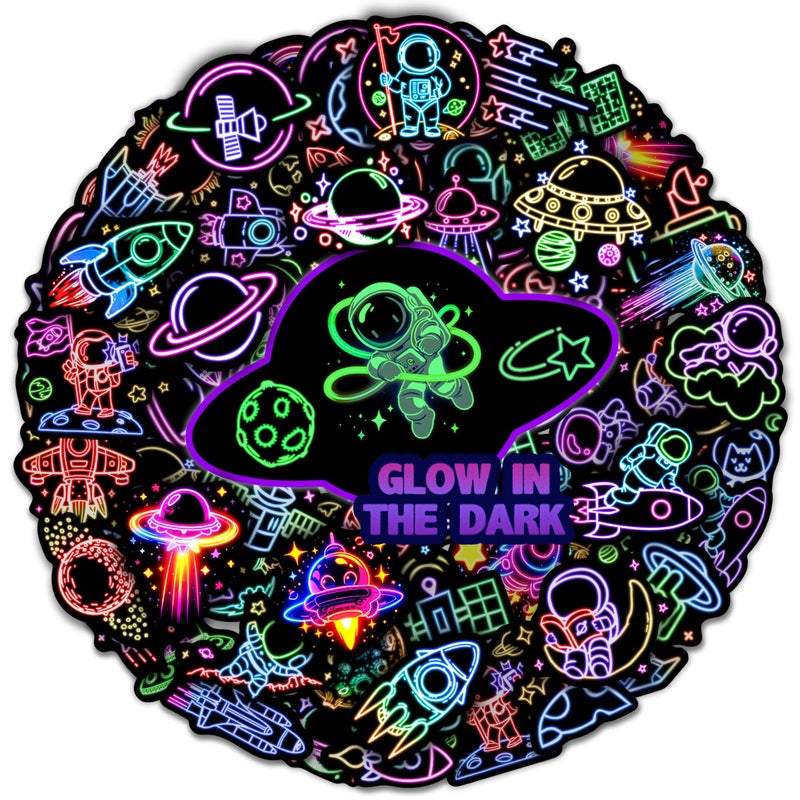 Robmoda 52 Pcs Neon Astronaut Stickers for Kids Glow in The Dark Waterproof Space Sticker for Water Bottle Vinyl Laptop Decals for Teens Girls Boys Students Adults Sticker Pack - Image 2