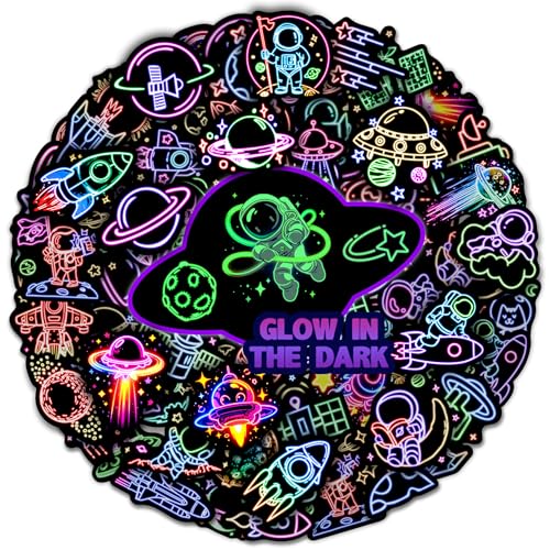 Robmoda 52 Pcs Neon Astronaut Stickers for Kids Glow in The Dark Waterproof Space Sticker for Water Bottle Vinyl Laptop Decals for Teens Girls Boys Students Adults Sticker Pack - Image 1