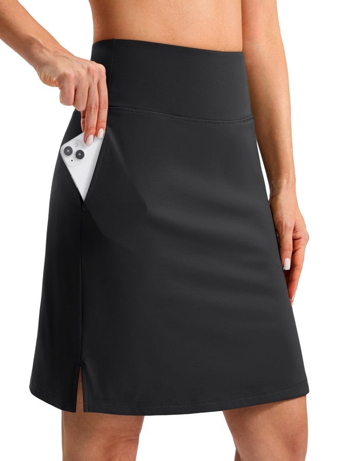 SANTINY 20" Skorts for Women 3 Pockets High Waist Long Athletic Tennis Skirt Golf Skort for Casual Summer Travel (Black_L) - Image 1