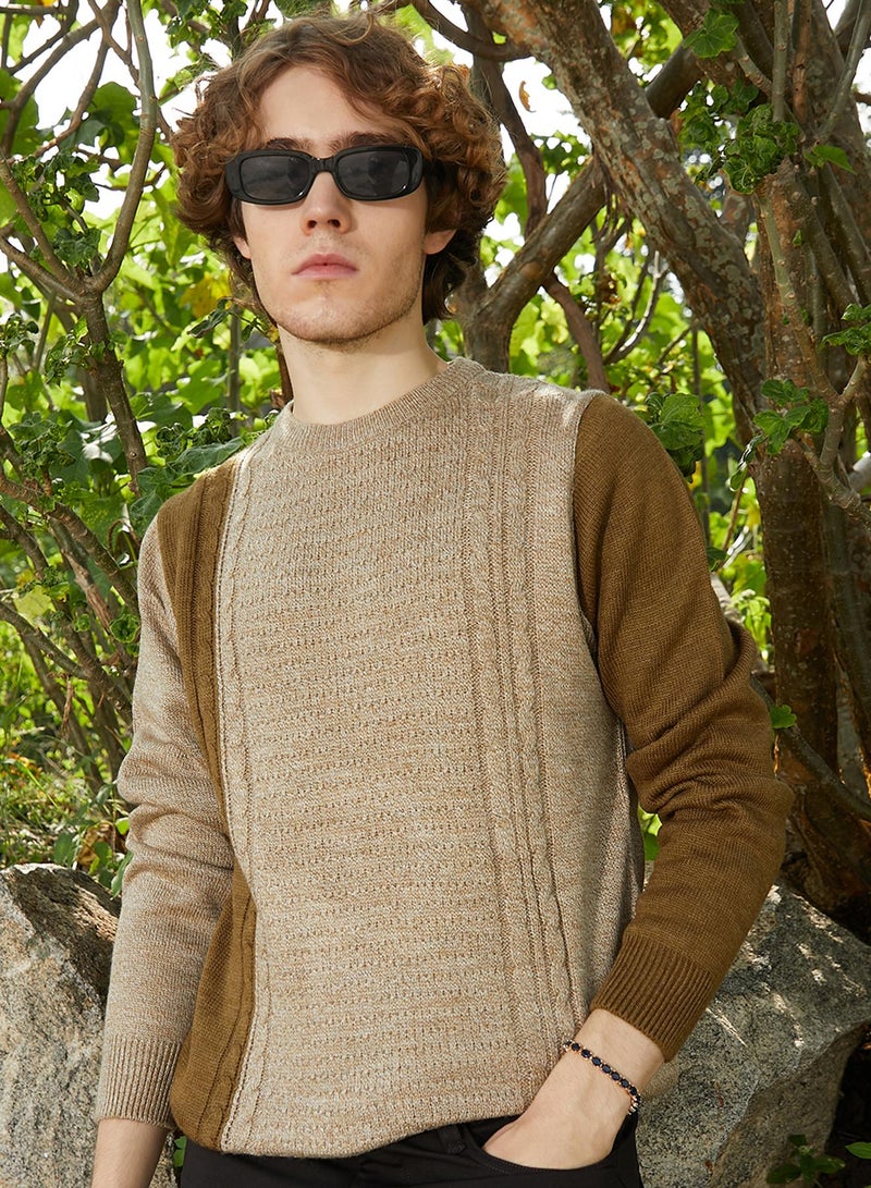 Campus Sutra Men's Sand Beige & Russet Brown Contrast Panel Pullover Sweater  - Image 1