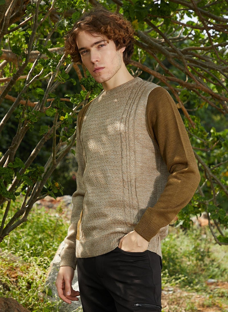 Campus Sutra Men's Sand Beige & Russet Brown Contrast Panel Pullover Sweater  - Image 3