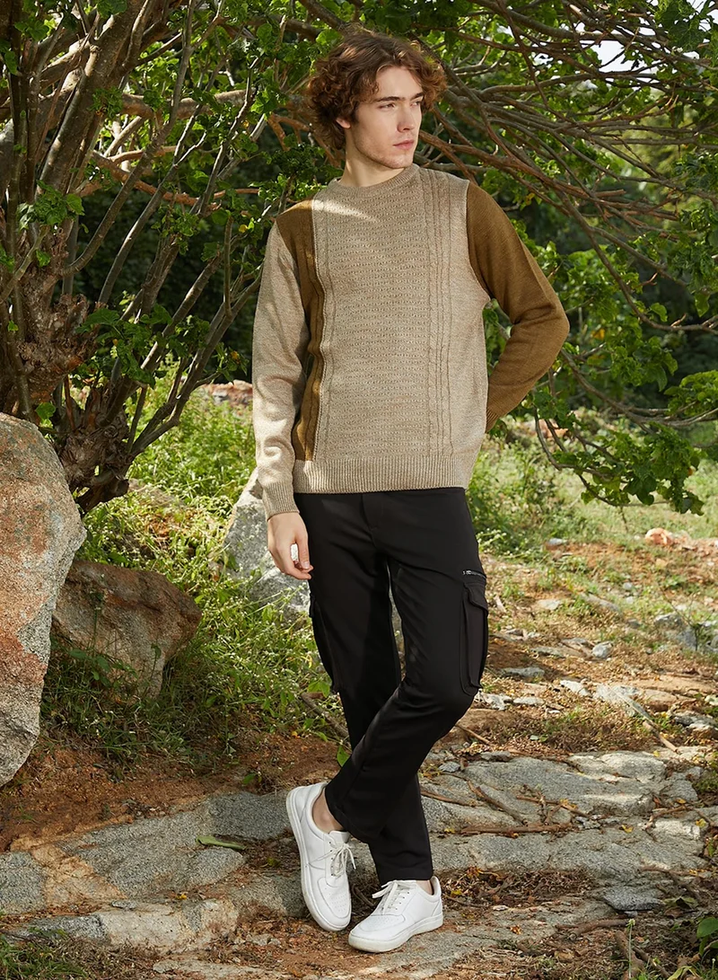 كامبوس سوترا Men's Sand Beige & Russet Brown Contrast Panel Pullover Sweater