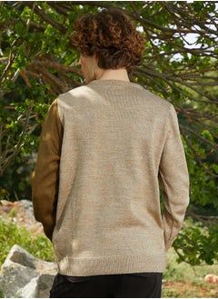 Campus Sutra Men's Sand Beige & Russet Brown Contrast Panel Pullover Sweater  - Image 5