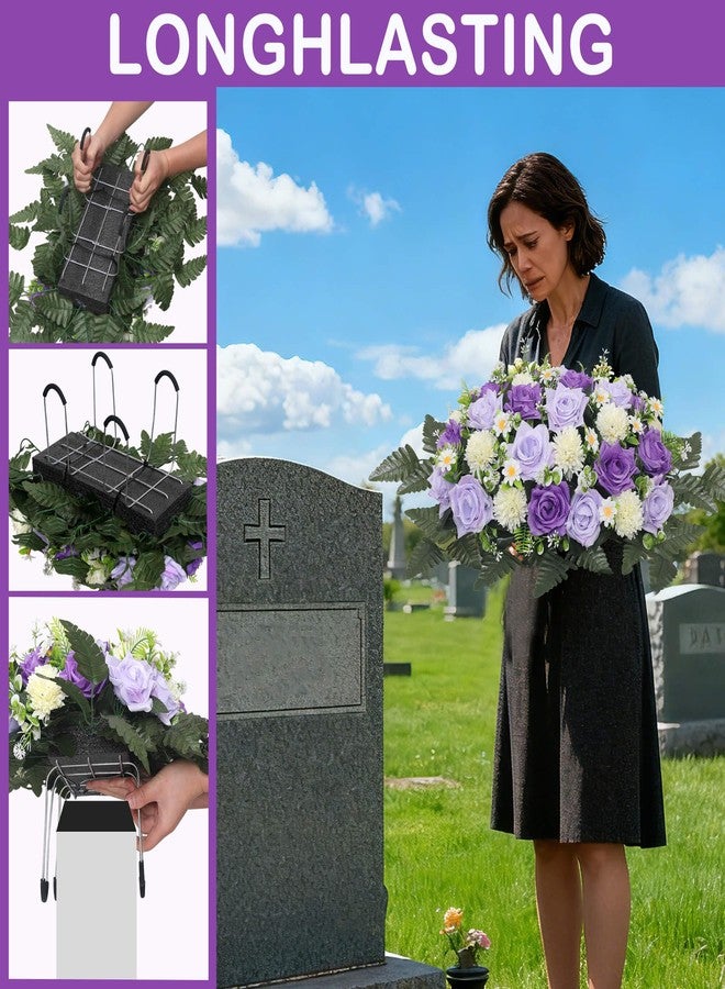 زهور لودو الاصطناعية للمقابر، سرج زهور لشواهد القبور، ورود نابضة بالحياة واقعية، زهور تذكارية للمقابر لتزيين شواهد القبور الخارجية (بنفسجي) - Image 4