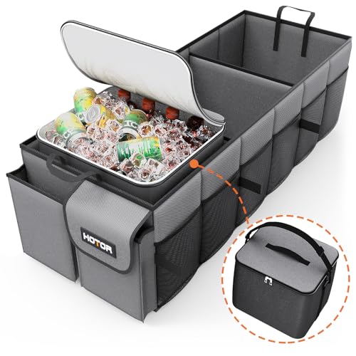 HOTOR Trunk Organizer, Sturdy Foldable with Cooler for Car & SUV, 3 Compartments, Grey, 30.90”×12.60”×10.63” - Image 1