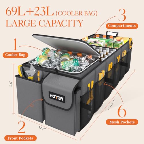 HOTOR Trunk Organizer, Sturdy Foldable with Cooler for Car & SUV, 3 Compartments, Grey, 30.90”×12.60”×10.63” - Image 2