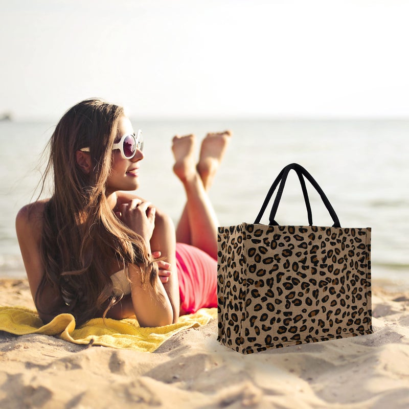Hibala Woven Large Beach Bag Straw Beach Tote Handmade Weaving Shoulder Tassel Bag Handbag (Leopard) - Image 2