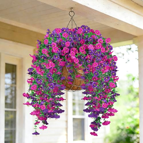 MyCoats Artificial Hanging Flowers for Outdoor, 4Pcs UV Resistant Faux Morning Glory Flower Spring Summer Decroation, No Fade Fake Flower Trailing Vine for Porch Patio Balcony Yard Garden, Purple+Light Purple - Image 5