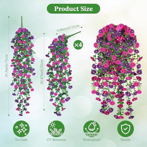 MyCoats Artificial Hanging Flowers for Outdoor, 4Pcs UV Resistant Faux Morning Glory Flower Spring Summer Decroation, No Fade Fake Flower Trailing Vine for Porch Patio Balcony Yard Garden, Purple+Light Purple - Image 2