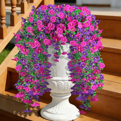MyCoats Artificial Hanging Flowers for Outdoor, 4Pcs UV Resistant Faux Morning Glory Flower Spring Summer Decroation, No Fade Fake Flower Trailing Vine for Porch Patio Balcony Yard Garden, Purple+Light Purple - Image 1