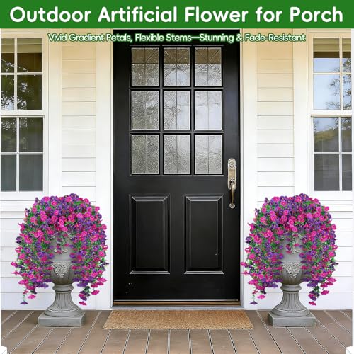 MyCoats Artificial Hanging Flowers for Outdoor, 4Pcs UV Resistant Faux Morning Glory Flower Spring Summer Decroation, No Fade Fake Flower Trailing Vine for Porch Patio Balcony Yard Garden, Purple+Light Purple - Image 4