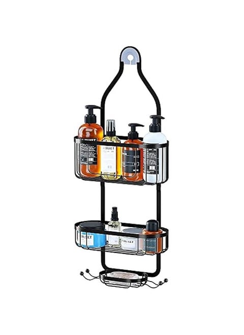 Bathroom Hanging Shower Organizer, Over Head Shower Caddy Basket with Hooks for Razor and Sponge, Rustproof Stainless Steel, Black