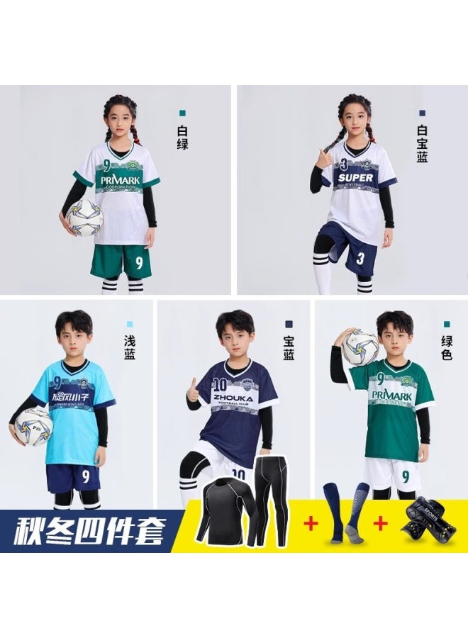 Autumn Winter Kids Football Jersey Set Long Sleeve Training Uniform with Socks & Shin Guards