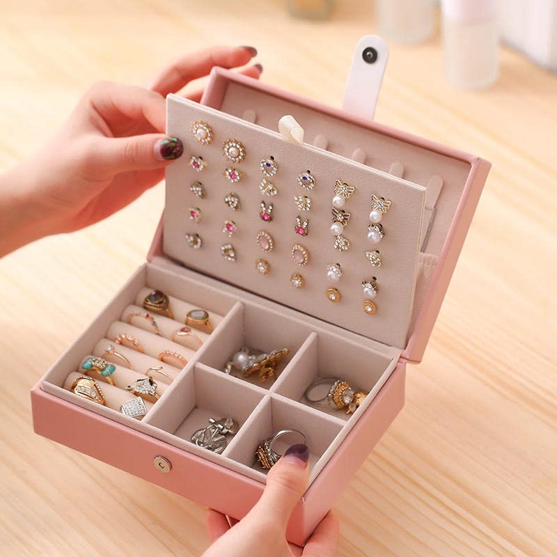 ketmart Jewellery Organiser PU Leather Magnetic Buckle Portable Storage Box Case with Dividers Container for Rings, Earrings, Necklace Home Organizer, (Color-Pink) - Image 2