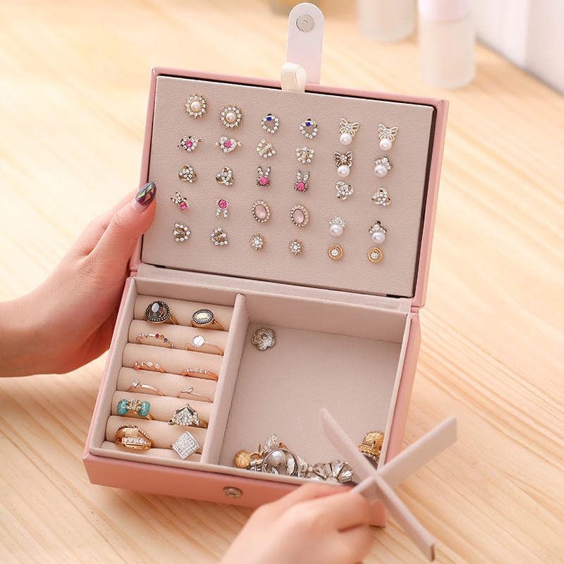 ketmart Jewellery Organiser PU Leather Magnetic Buckle Portable Storage Box Case with Dividers Container for Rings, Earrings, Necklace Home Organizer, (Color-Pink) - Image 3