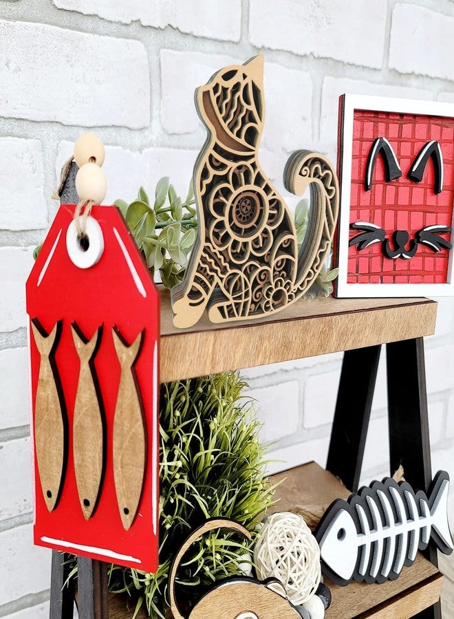 Laisgee Multi-Layered Cat Decor, Farmhouse Wooden Cat Craft 4 Layer Rustic Kitten Self-Standing Statue Desktop Shelf Tier Tray Display Cat Lovers Gift 6'' - Image 5