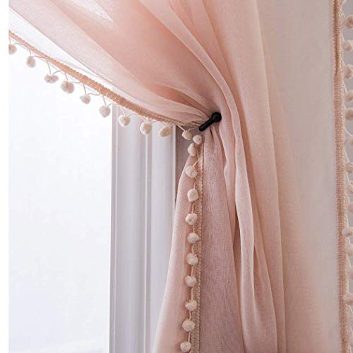 MISS SELECTEX Linen Look Pom Pom Tasseled Sheer Curtains - Rod Pocket Voile Semi-Sheer Curtains for Living and Bedroom, Set of 2 Curtain Panels (52 x 84 inch, Blush) - Image 1