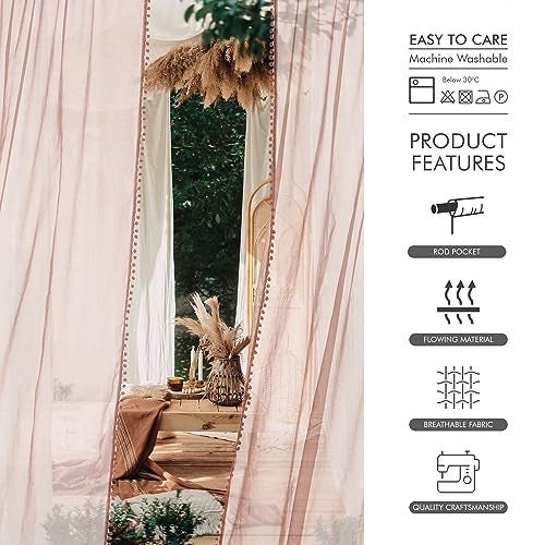 MISS SELECTEX Linen Look Pom Pom Tasseled Sheer Curtains - Rod Pocket Voile Semi-Sheer Curtains for Living and Bedroom, Set of 2 Curtain Panels (52 x 84 inch, Blush) - Image 5