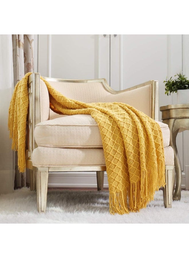 Knitted decorative rug, suitable for sofas, chairs, and beds. Soft, warm, comfortable, and lightweight, perfect for spring and summer use (127x152 cm, mustard yellow). - Image 1