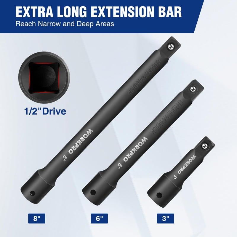 WORKPRO 1/2" Drive Impact Extension Bar Set, 3 PCS Socket Extensions, 3”, 6” and 8” Length, Premium Chrome Vanadium Steel with Black Phosphate Finish, Storage Tray Included - Image 2