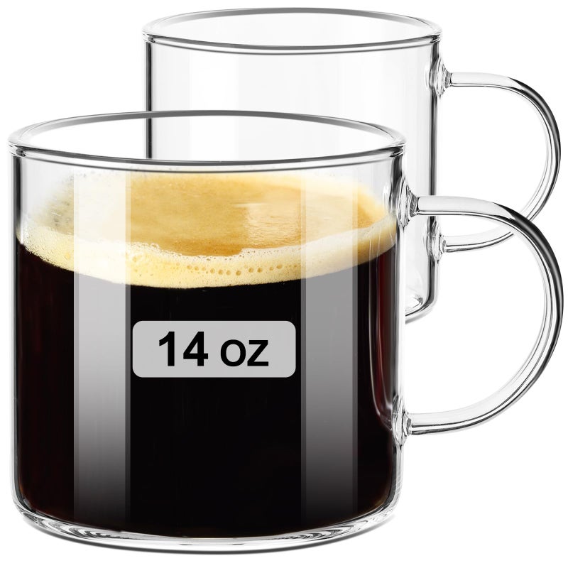 PARACITY Clear Coffee mug 14oz Glass Coffee Mugs Set of 2 Large Glass Coffee Cups with Handle for HotCold Drink Latte Cappuccino Tea Juice and Beer