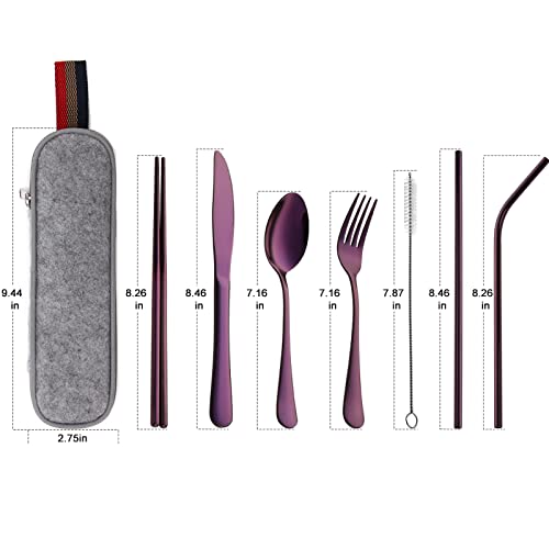 DEVICO Portable Utensils, Travel Camping Cutlery Set, 8-Piece including Knife Fork Spoon Chopsticks Cleaning Brush Straws Portable Case, Stainless Steel Flatware set (Purple) - Image 2