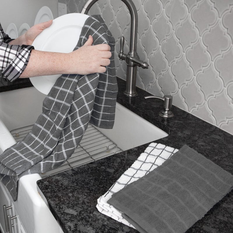 Ritz Premium 100% Cotton Terry Check Kitchen Dish Towels - Highly Absorbent, Super Soft, Long-Lasting, 25"x15", 3-Pack, Gray - Image 4