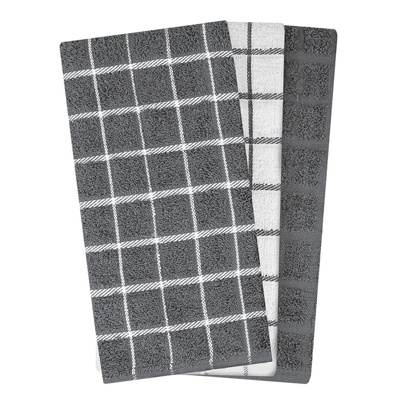 Ritz Premium 100% Cotton Terry Check Kitchen Dish Towels - Highly Absorbent, Super Soft, Long-Lasting, 25"x15", 3-Pack, Gray - Image 2