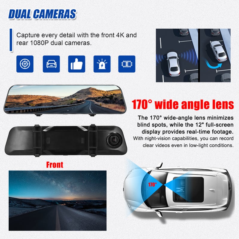 12 Inch 4K Mirror Dash Camera Full Touchscreen Stream Media Dash Cam Front & Rear Dual Camera Built-in WiFi with GPS and 64G Memory Card Support Night-Vision/Parking Monitoring/Collision Locking/Loop Recording/Reversing Image - Image 3
