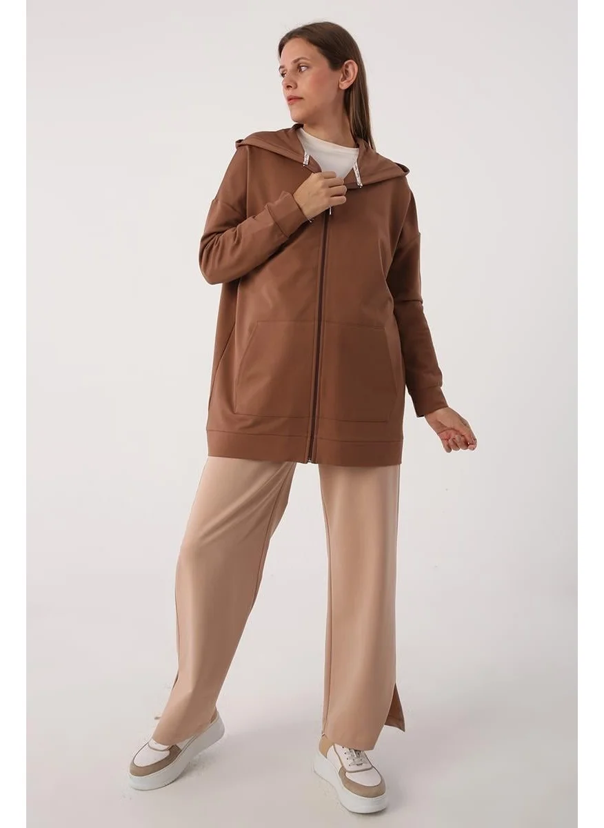Allday Coffee-Zipped Sweat Cardigan