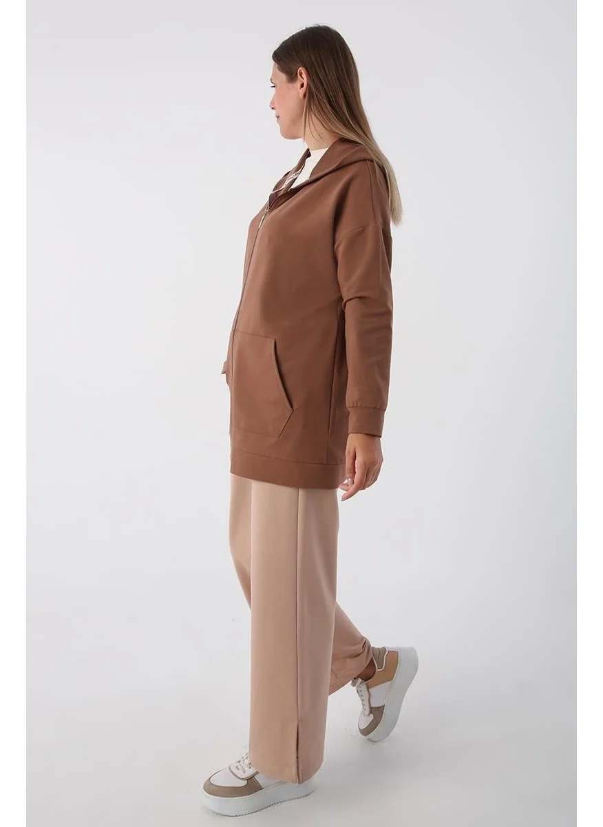 Allday Coffee-Zipped Sweat Cardigan