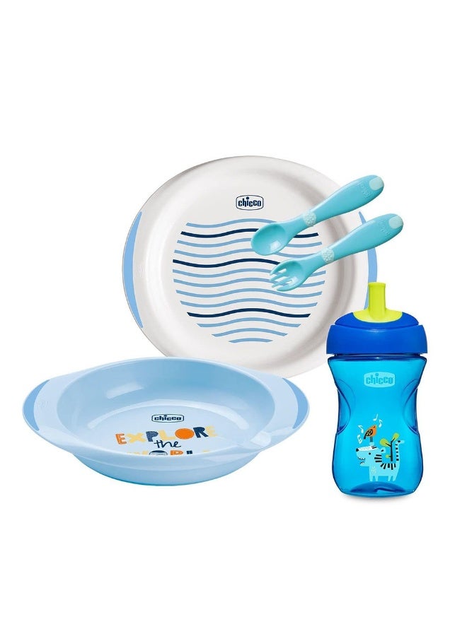 Chicco Weaning Set For 12 Months+ Baby - Blue, Pack of 5 Pieces